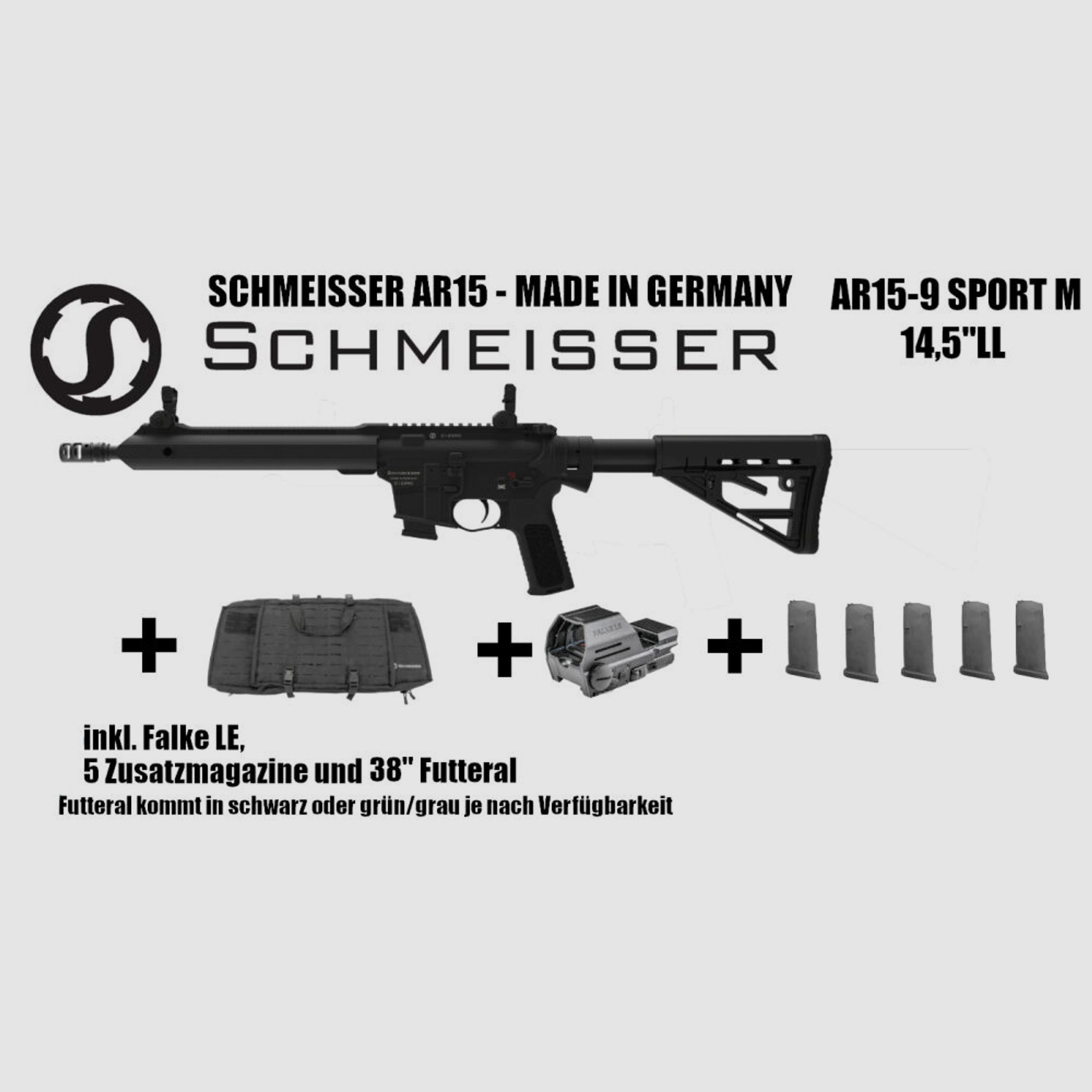 Schmeisser AR15-9 Sport M 14,5" LL 9mm Luger Büchse + Falke LE	 + 5 Magazine + Futteral UVPE: 3008€ - Frühjahrskracher