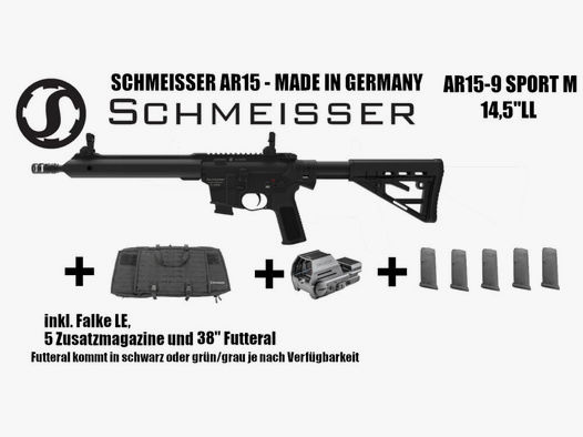 Schmeisser AR15-9 Sport M 14,5" LL 9mm Luger Büchse + Falke LE	 + 5 Magazine + Futteral UVPE: 3008€ - Frühjahrskracher
