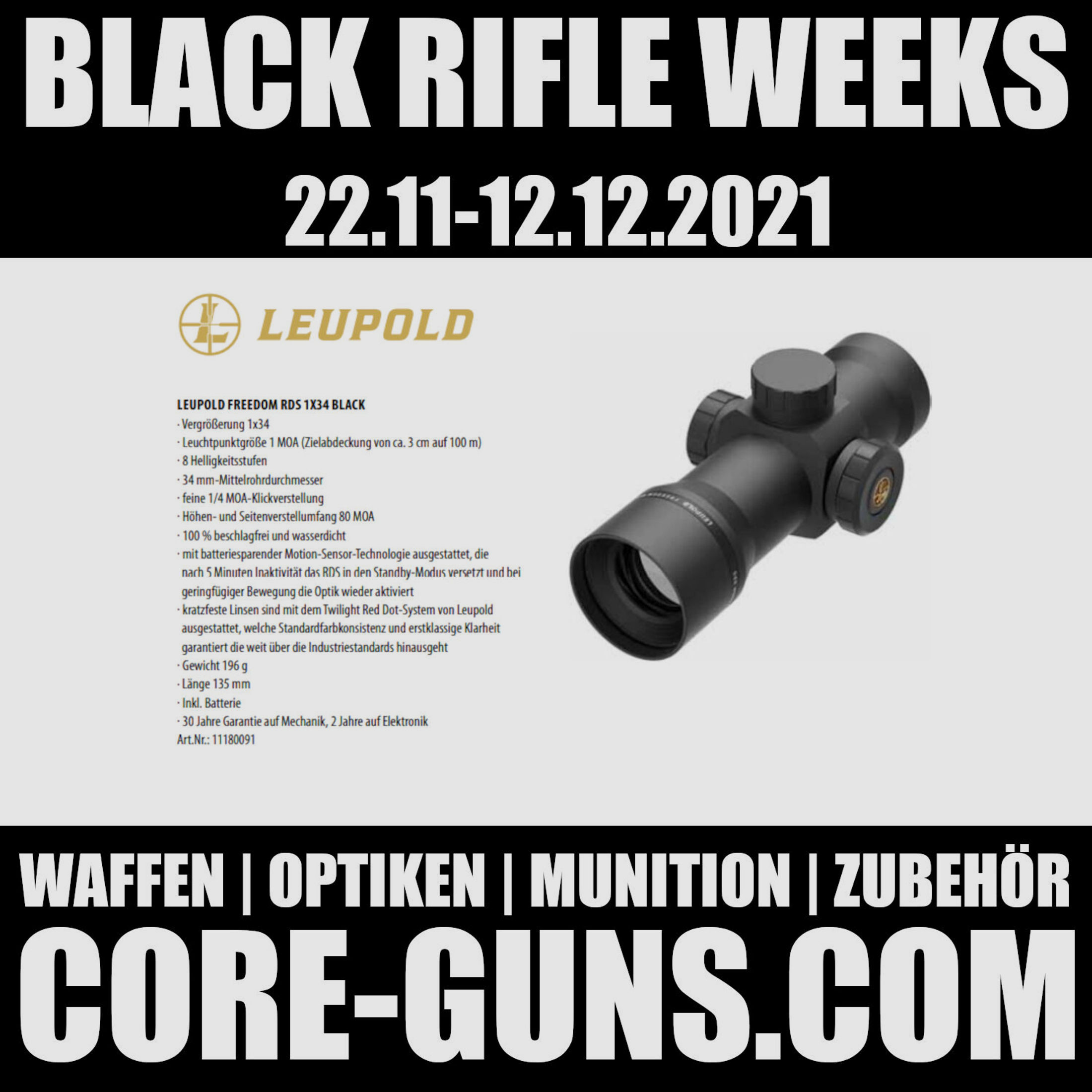 LEUPOLD FREEDOM RDS 1X34 BLACK	 Leupold Rotpuntk @core-guns.com BlackRifleWeeks