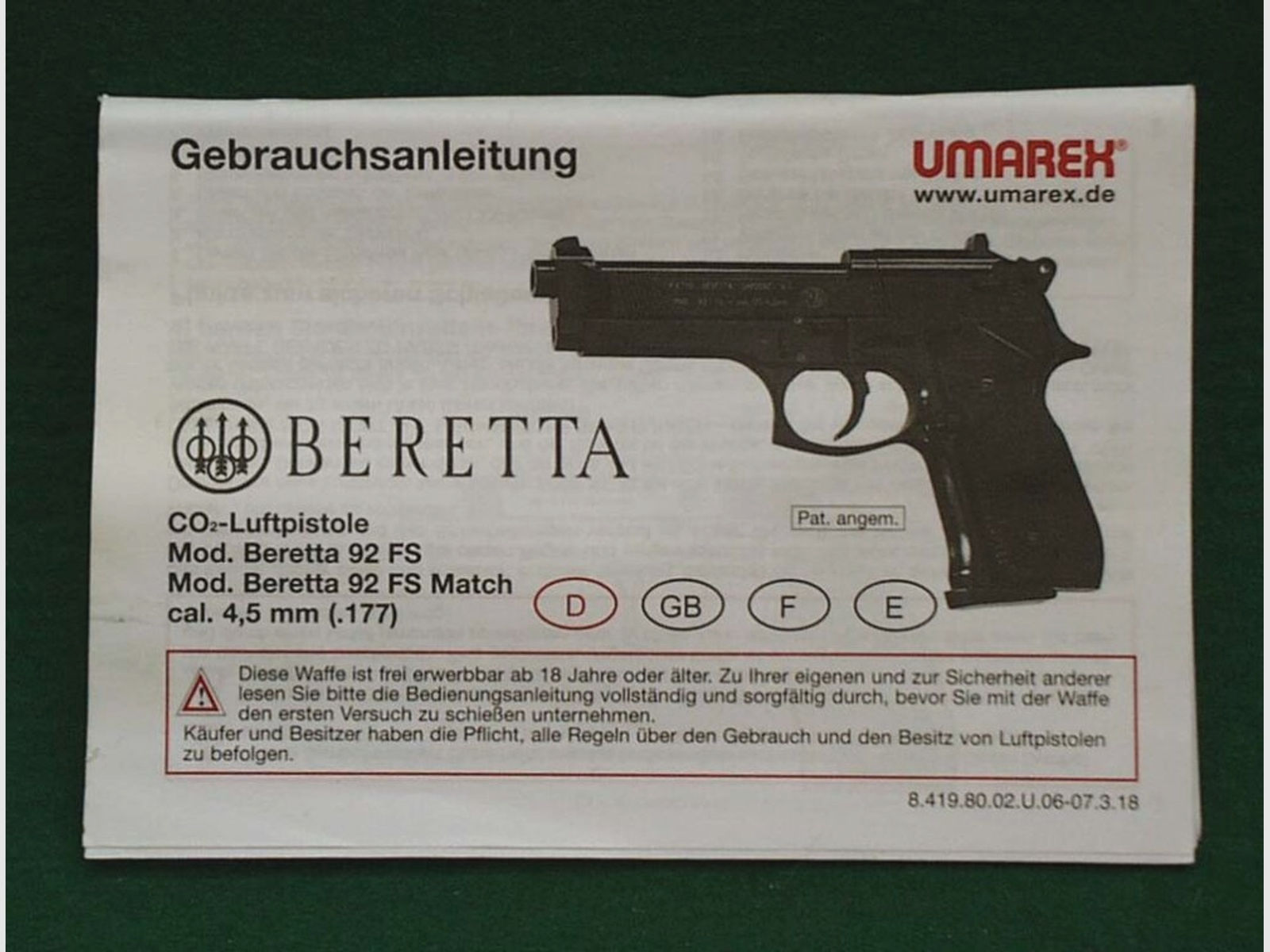 Umarex	 Beretta 92FS, Steel Finish, CO2 Pistole