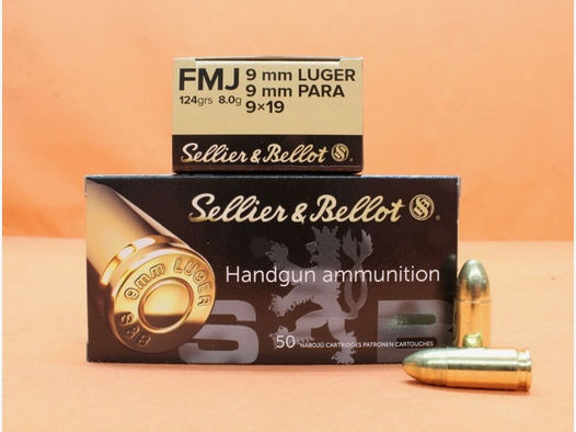S&B/ Sellier&Bellot	 Patrone 9mmLuger S&B/ Sellier&Bellot 124grs FMJ VE 50 Patronen/ 8,0g Vollmantel