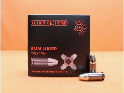 GECO	 Patrone 9mmLuger GECO 108grs Action EXTREME (2408123) VE 20 Patronen/ 7,0g Vollkupfer-Hohlspitz