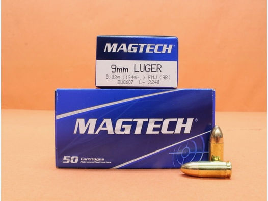 Magtech	 Patrone 9mmLuger Magtech 124grs FMJ/ FMC (9B) 20 x VE 50 = 1000 Patronen/ Vollmantel (9mmPara/9x19)