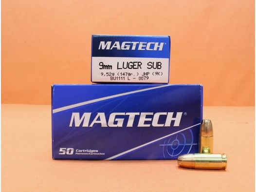 Magtech	 Patrone 9mmLuger Magtech 147grs JHP (9K) VE 50 Patronen (Subsonic)/ 9,52g Teilmantel-Hohlspitz (Unterschallpatrone)