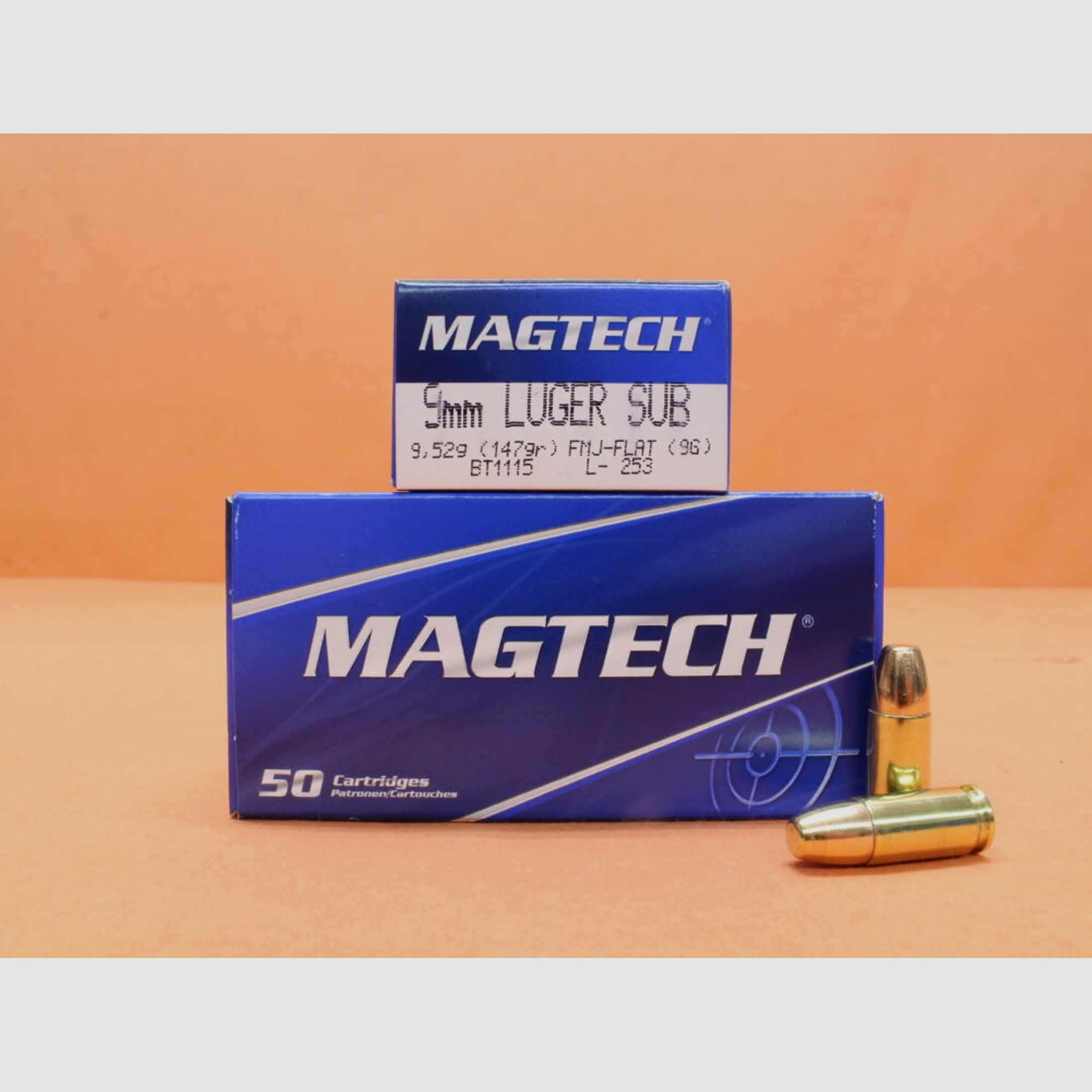 Magtech	 Patrone 9mmLuger Magtech 147grs FMJ/ FMC-FLAT (9G) VE 50 Patronen (Subsonic)/ 9,52g Vollmantel-Flachkopf (Unterschallpatrone)