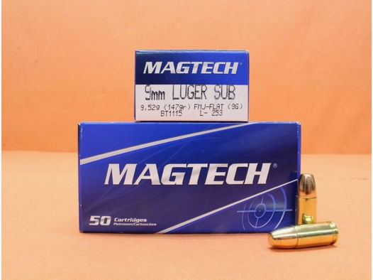 Magtech	 Patrone 9mmLuger Magtech 147grs FMJ/ FMC-FLAT (9G) VE 50 Patronen (Subsonic)/ 9,52g Vollmantel-Flachkopf (Unterschallpatrone)