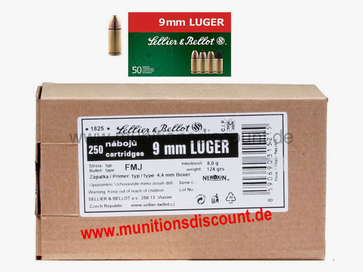S&B (Sellier & Bellot) 9mm Luger (Para, 9x19), 124 grs Vollmantel, 250er