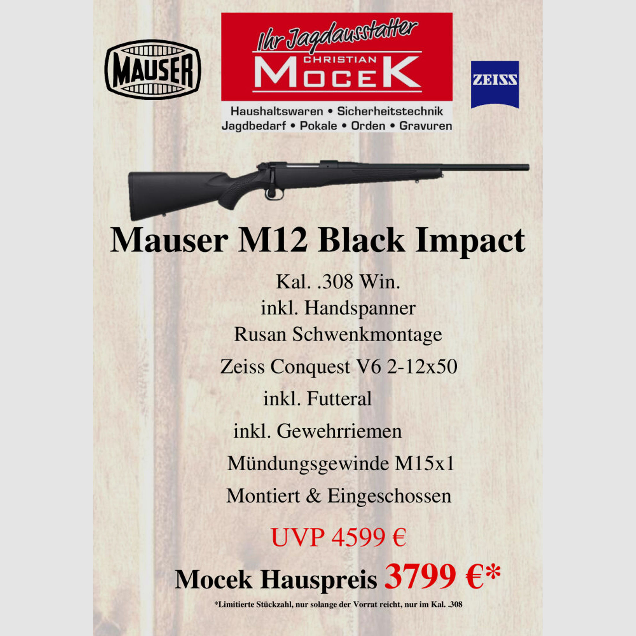 Mauser	 M12 Black Impact, mit Zeiss Conquest V6 2-12x50