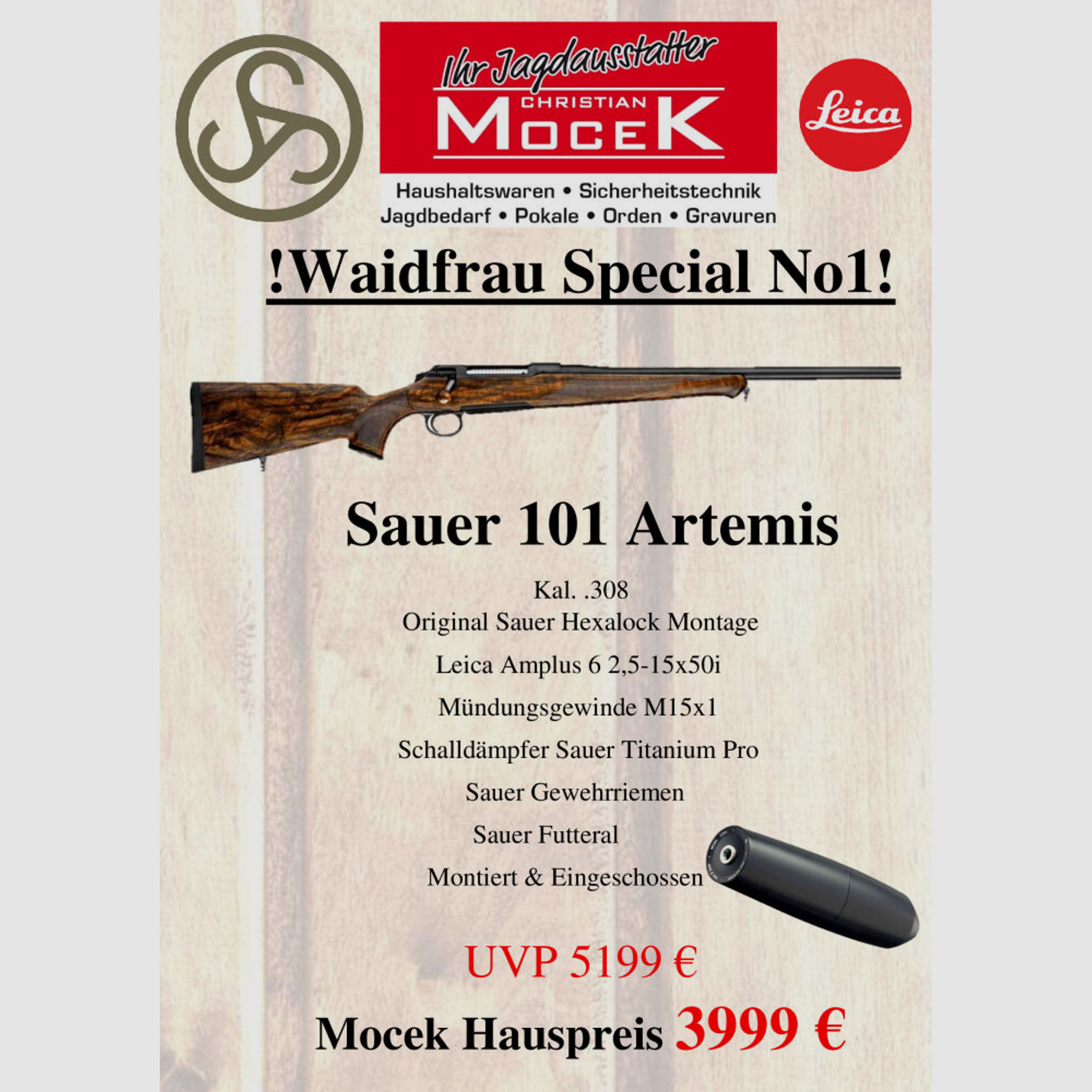 Sauer	 101 Artemis, mit Leica Amplus 6 2,5-15x50 i