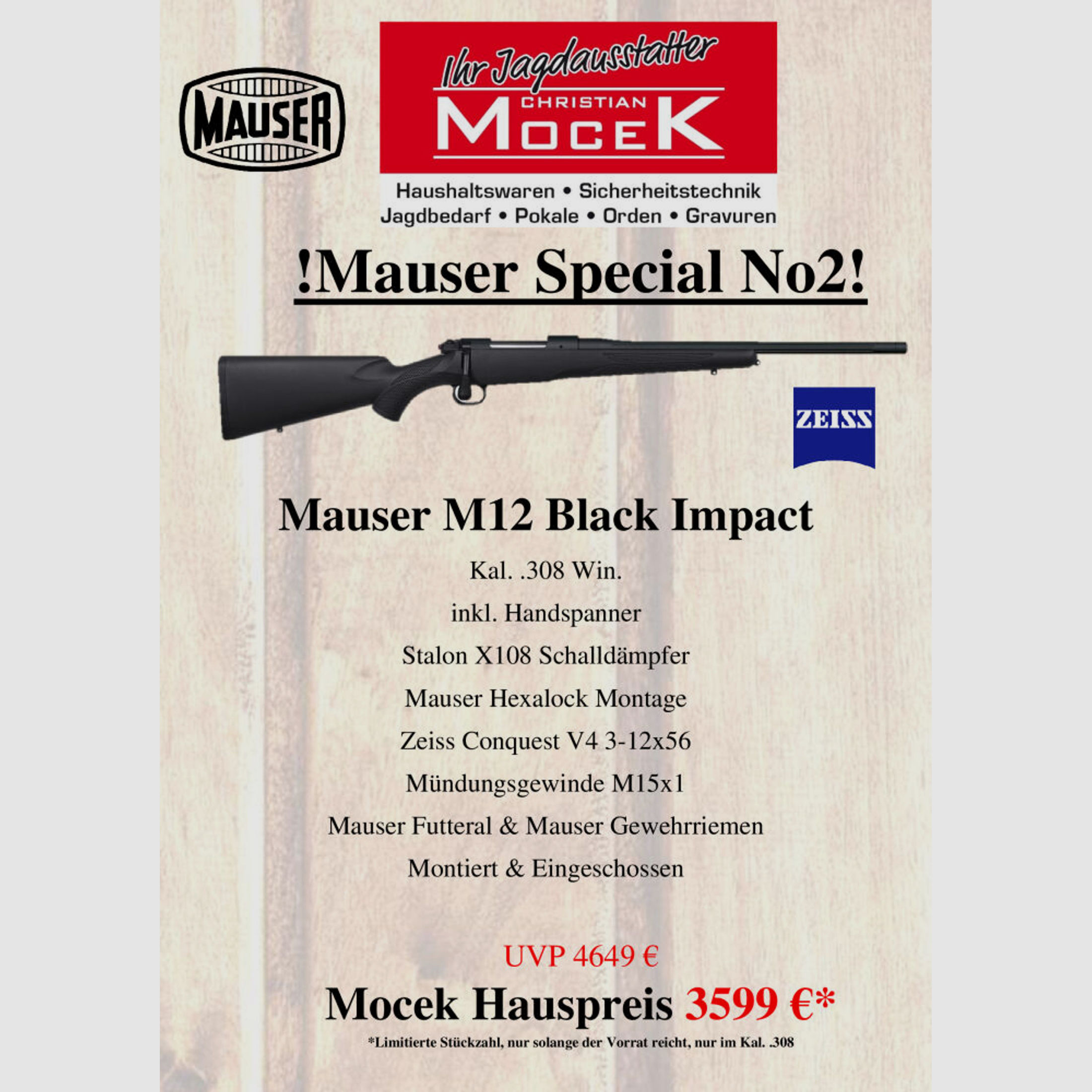 Mauser	 M12 Black Impact, mit Zeiss Conquest V4 3-12x56, ohne Schiene