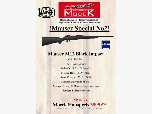 Mauser	 M12 Black Impact, mit Zeiss Conquest V4 3-12x56, ohne Schiene