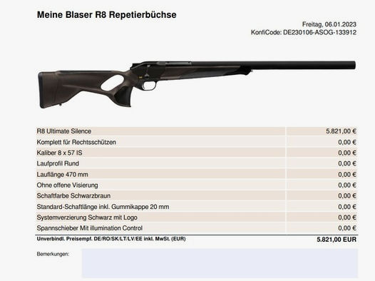 R8 Ultimate Silence / 8x57IS mit 470 mm Lauf	 8x57JS