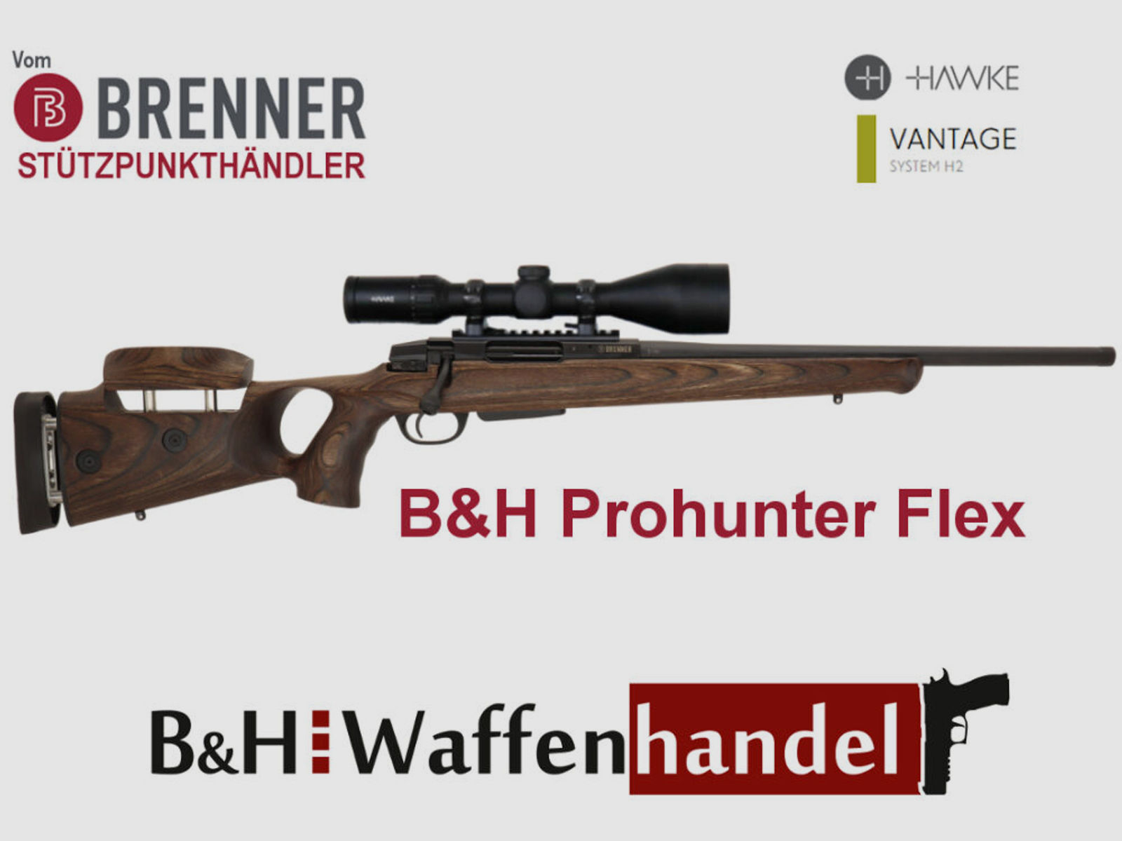 Brenner Komplettpaket:	 BR20 B&H Prohunter Flex Lochschaft mit Hawke 3-12x56 fertig montiert