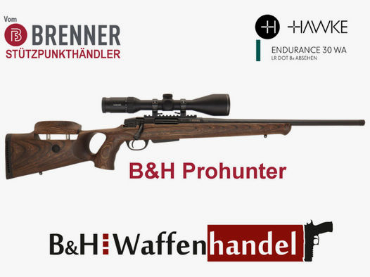 Brenner Komplettpaket:	 BR20 B&H Prohunter Lochschaft mit Hawke Endurance 3-12x56 fertig montiert