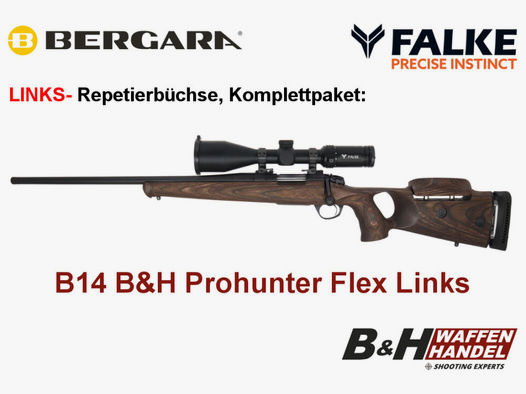 Bergara	 B14 B&H Prohunter Flex LINKS Lochschaft mit Falke 3-12x56 fertig montiert / Optional: Brenner Schalldämpfer