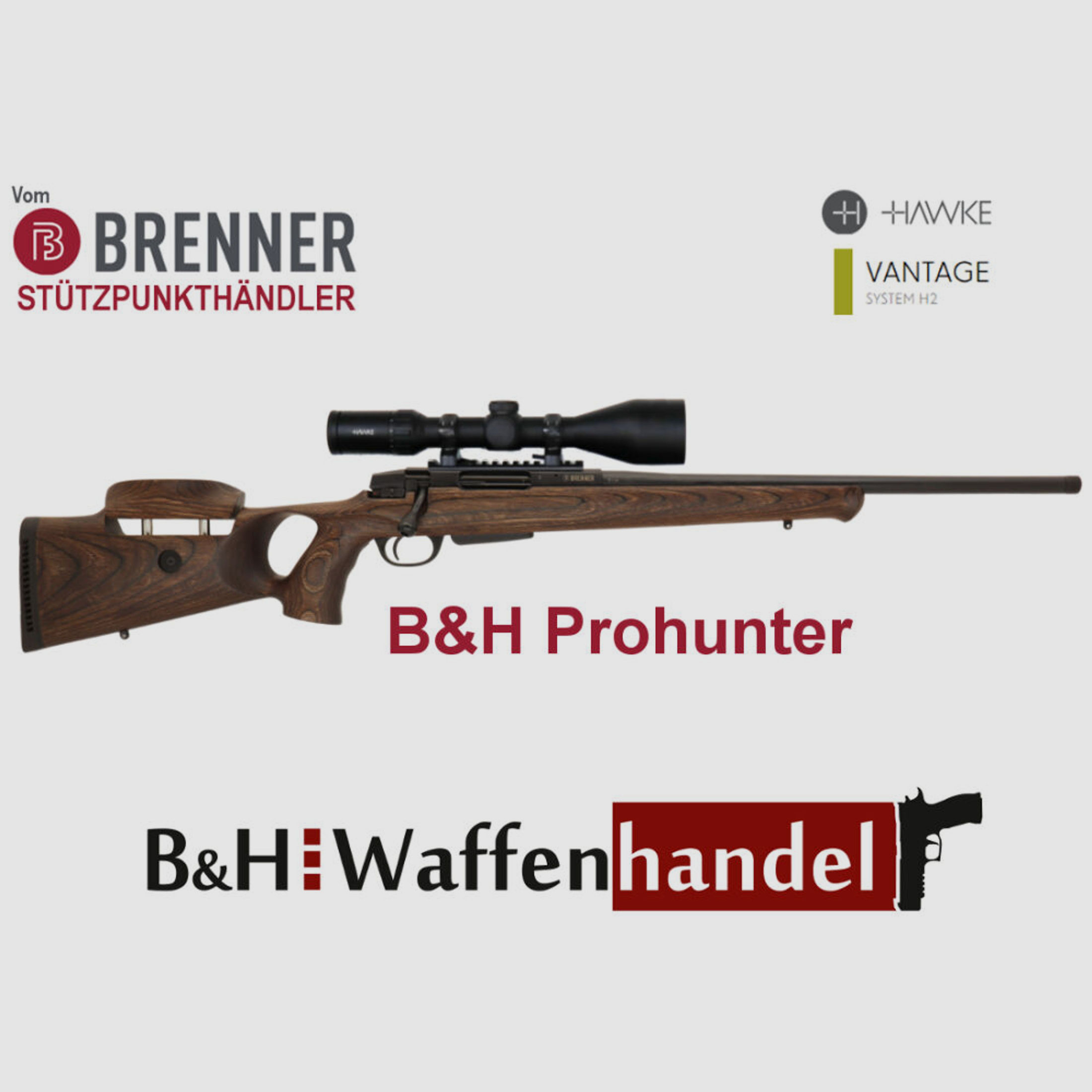 Brenner Komplettpaket:	 BR20 B&H Prohunter Lochschaft mit Hawke 3-12x56 fertig montiert