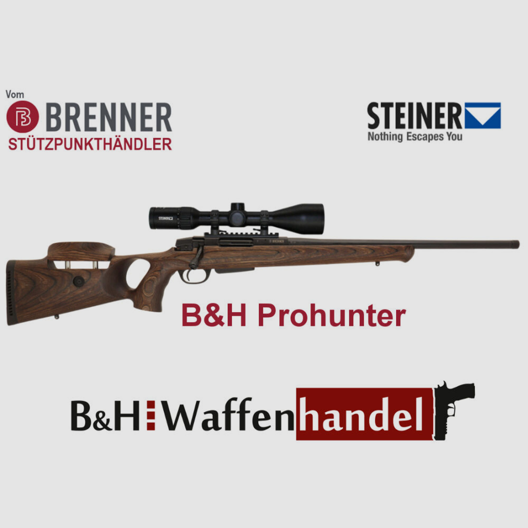 Brenner Komplettpaket:	 BR20 B&H Prohunter Lochschaft mit Verstellung inkl. Steiner 3-12x56 fertig montiert Jagdbüchse