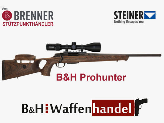 Brenner Komplettpaket:	 BR20 B&H Prohunter Lochschaft mit Verstellung inkl. Steiner 3-12x56 fertig montiert Jagdbüchse