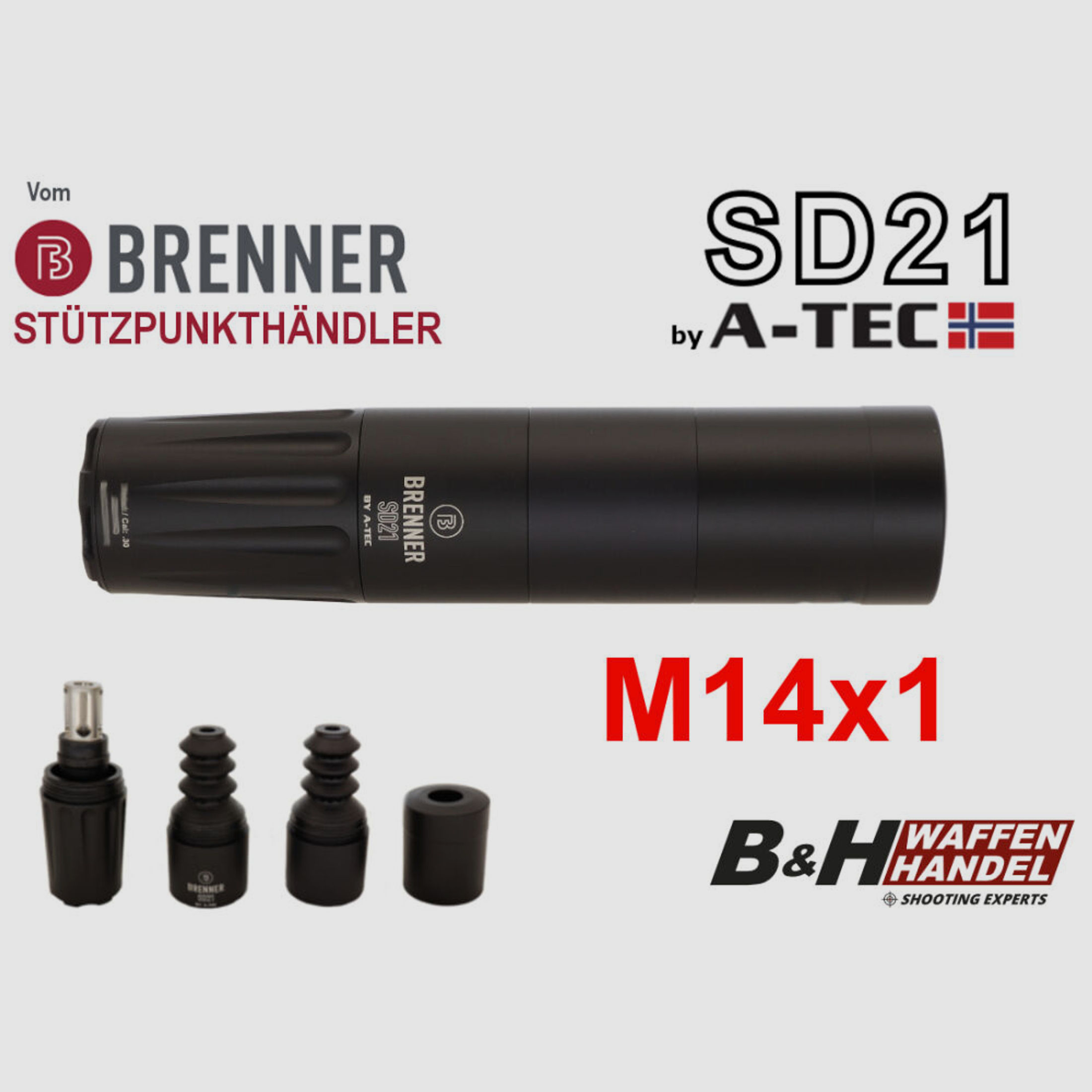 Brenner (by A-TEC)	 Schalldämpfer SD21 over-barrel M14x1 bis Kal.: .30