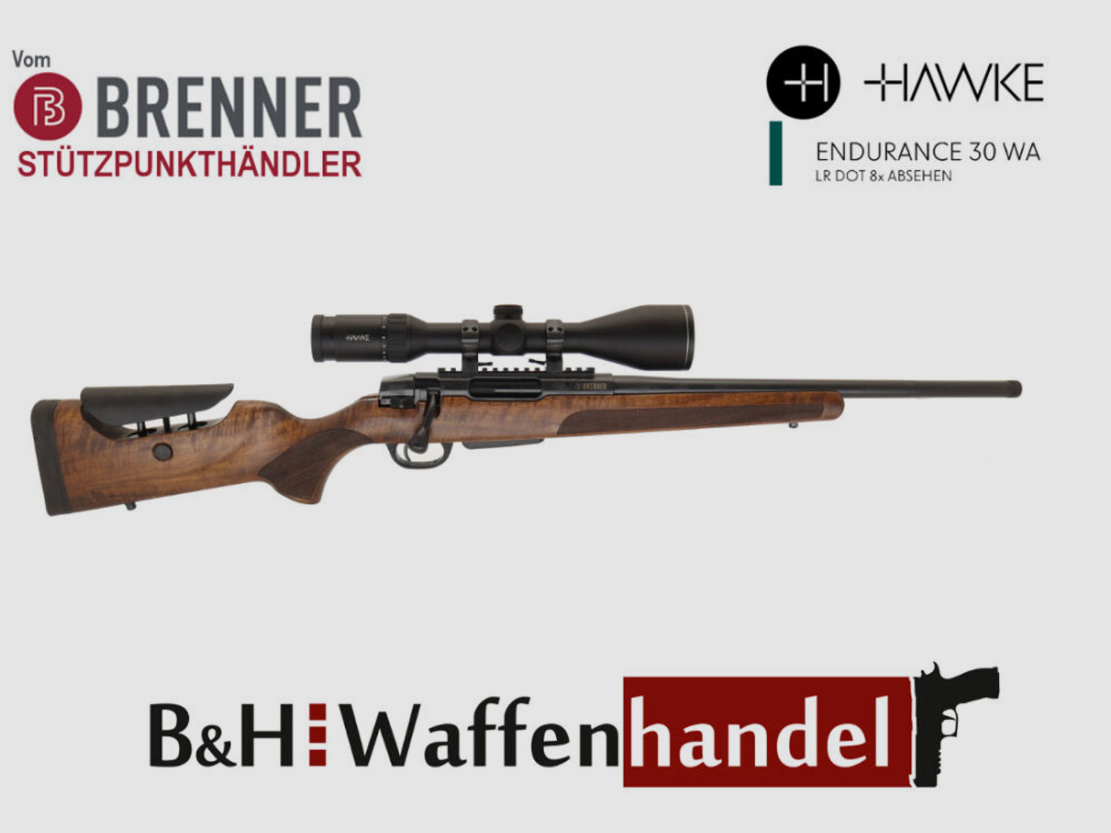 Brenner Komplettpaket:	 BR20 L.E. (Nussbaum, verstellbarer Schaftrücken) mit Hawke Endurance 2.5-10x50