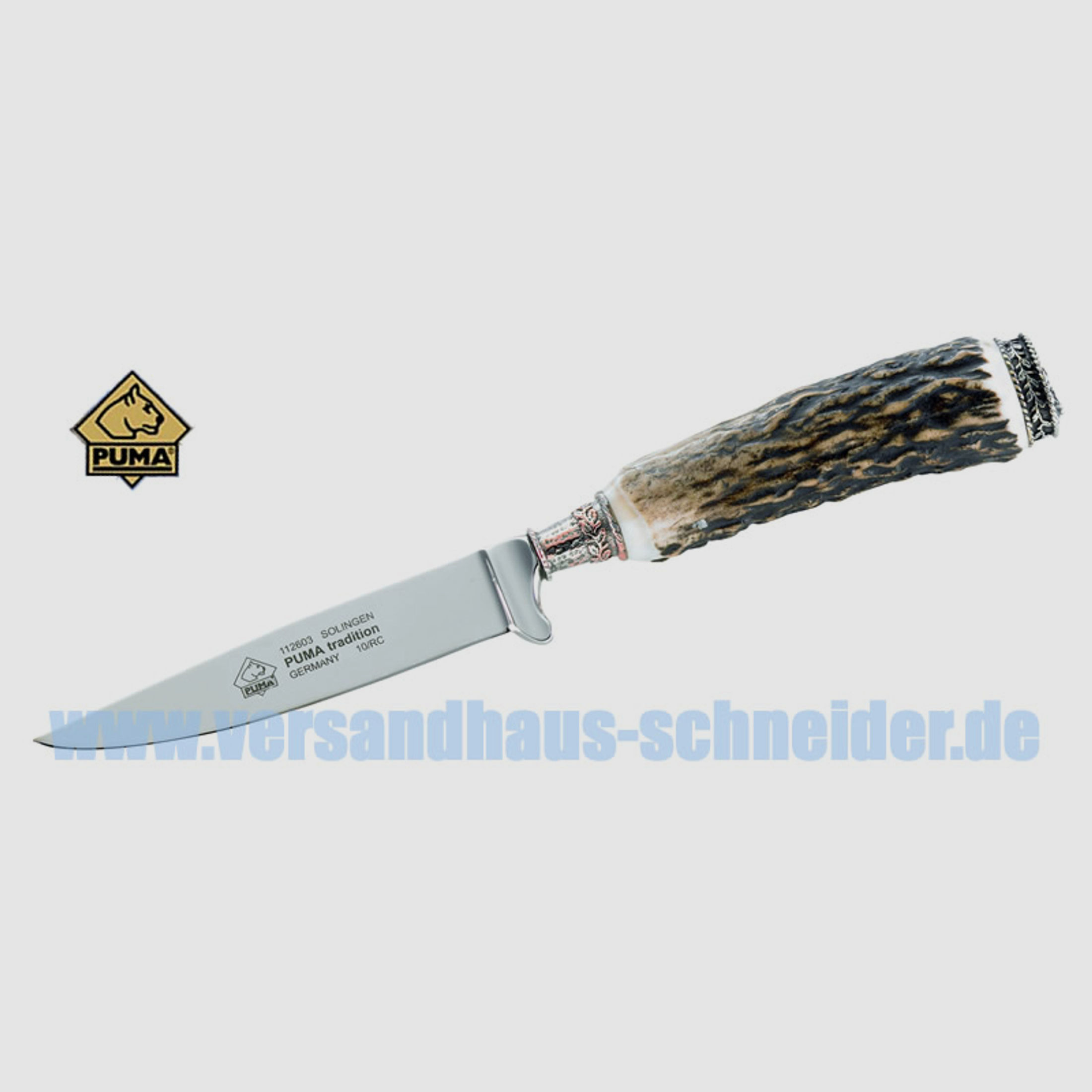 Puma Jagdmesser, Modell Tradition, Stahl 1.4116, Hirschhorn, Leder-Steckscheide