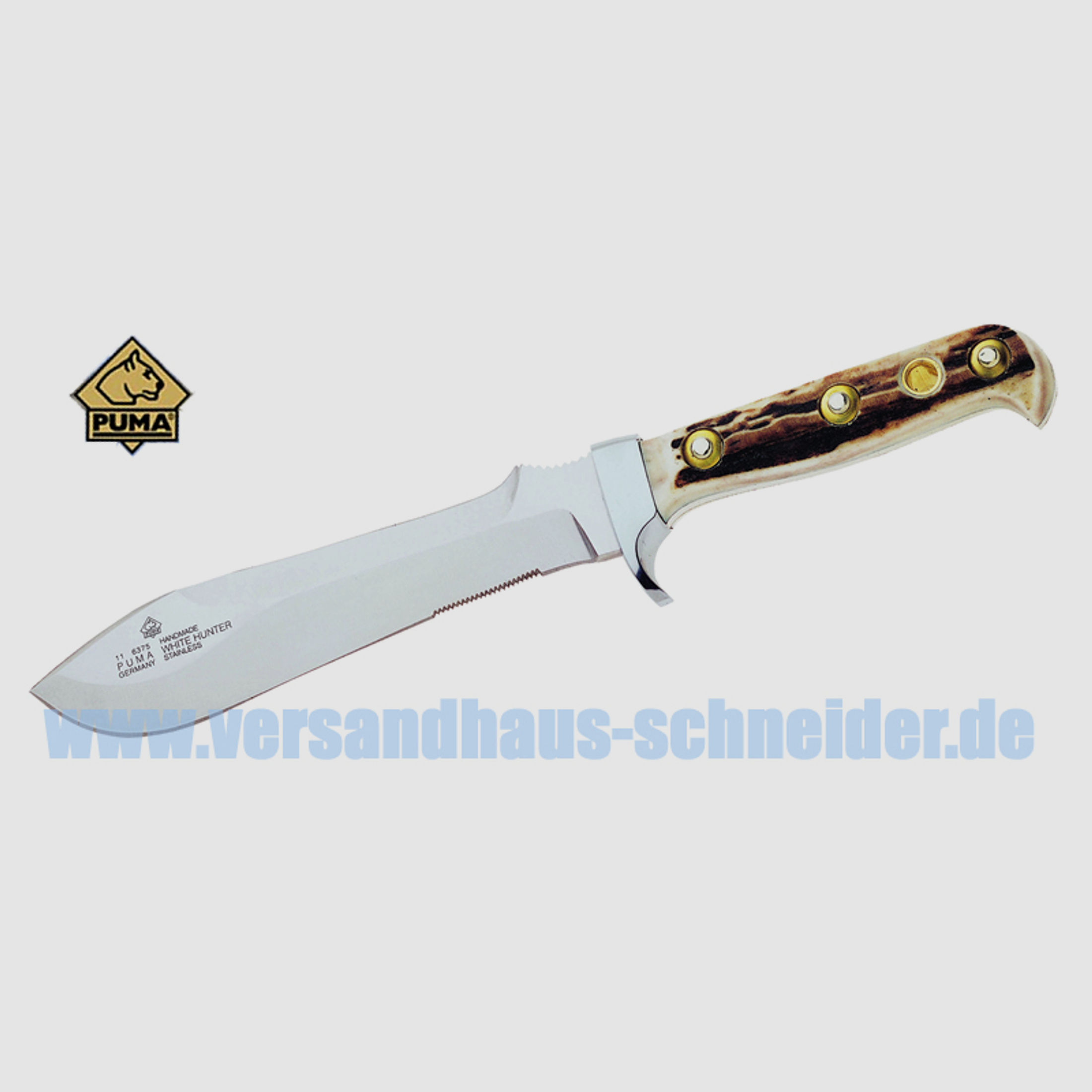 Jagdmesser Puma White Hunter Stahl 1.4116 KlingenlĂ¤nge 14,8 cm Griff Hirschhorn-Schalen Lederscheide (P18)