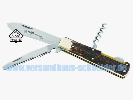 Puma TEC Jagd-Taschenmesser, 3-tlg, Stahl 1.4110, Hirschhorn, Neusilberbacken