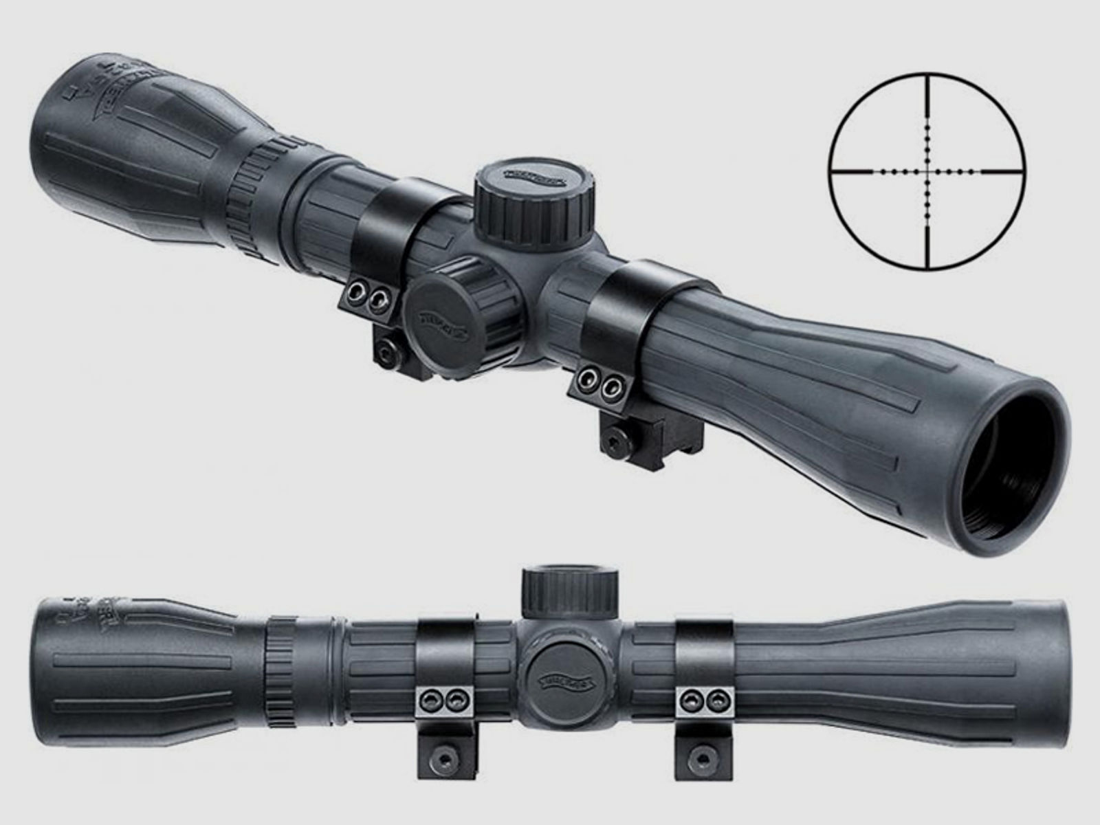Luftgewehr-Zielfernrohr WALTHER 4x32 GA, Absehen MilDot, gummiarmiert, 11mm HP Montage