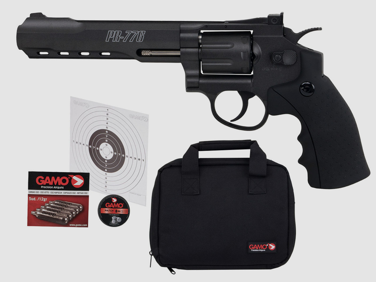 CO2 Revolver Gamo PR-776 Vollmetall Set mit Tasche und ZubehĂ¶r Kaliber 4,5 mm (P18)