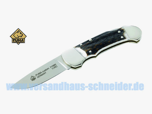 Puma Taschenmesser, Stahl 1.4110, Neusilberbacken, Messingplatinen, Hirschhorn