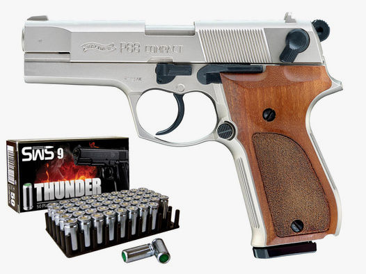 Schreckschuss Pistole Walther P88 Compact nickel Holzgriff Kaliber 9 mm P.A.K. (P18)+ 50 Schuss