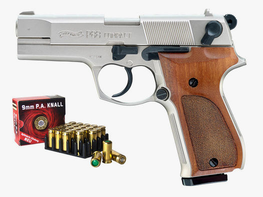 Schreckschuss Pistole Walther P88 Compact nickel Holzgriff Kaliber 9 mm P.A.K. (P18)+ 25 Schuss