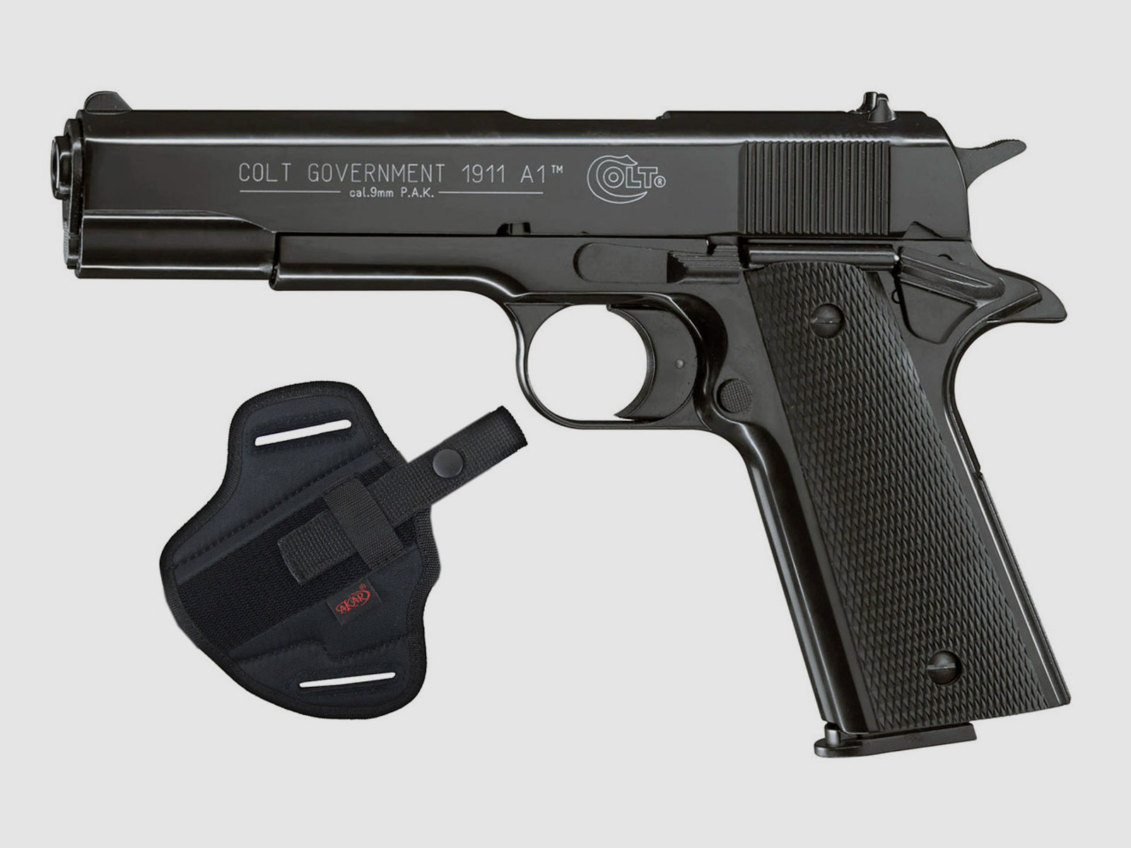 Schreckschuss Pistole Colt Government 1911 A1 schwarz Kaliber 9 mm P.A.K. (P18) + Universalholster