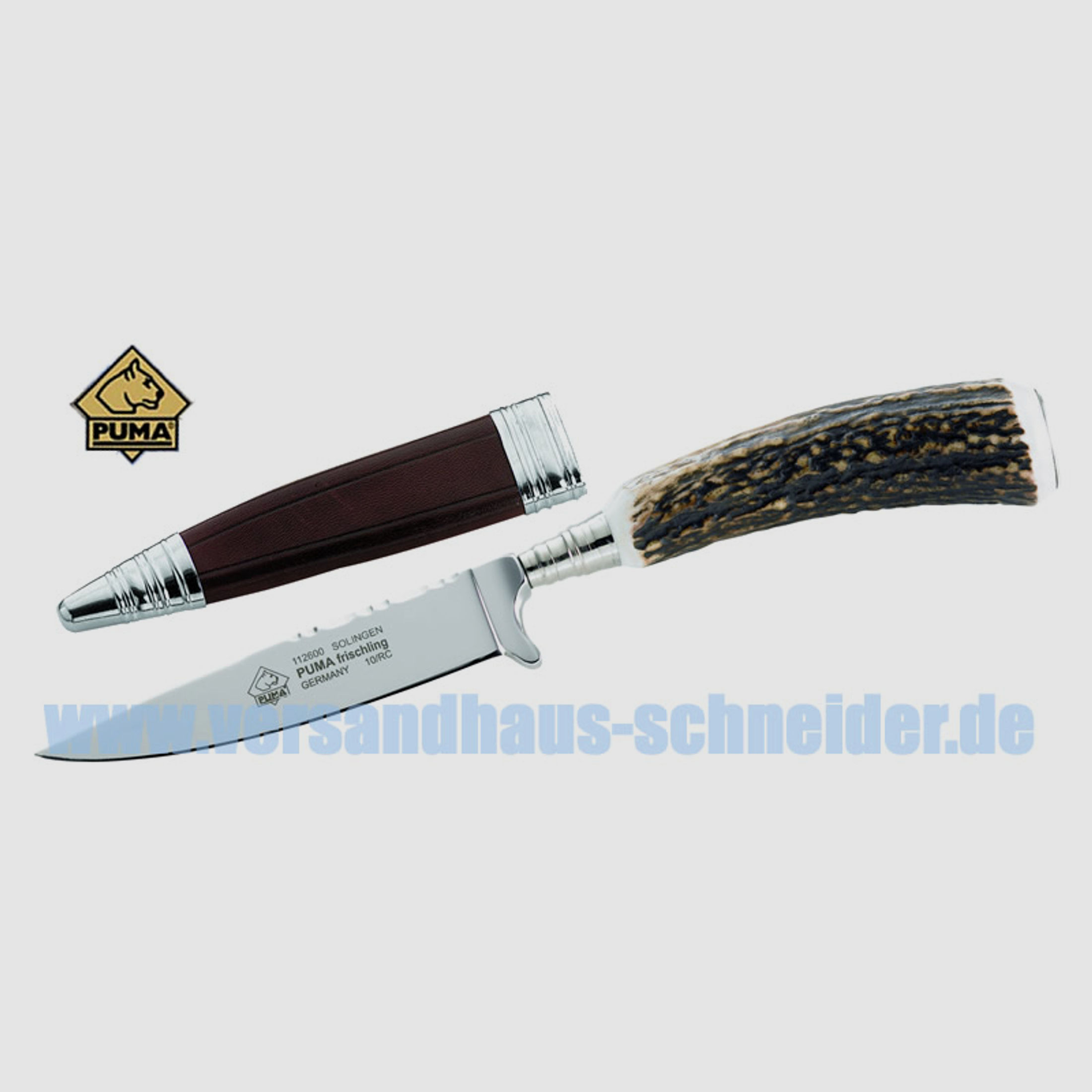 Puma Jagdmesser, Modell Frischling, Stahl 1.4116, Hirschhorn , Lederscheide P18)