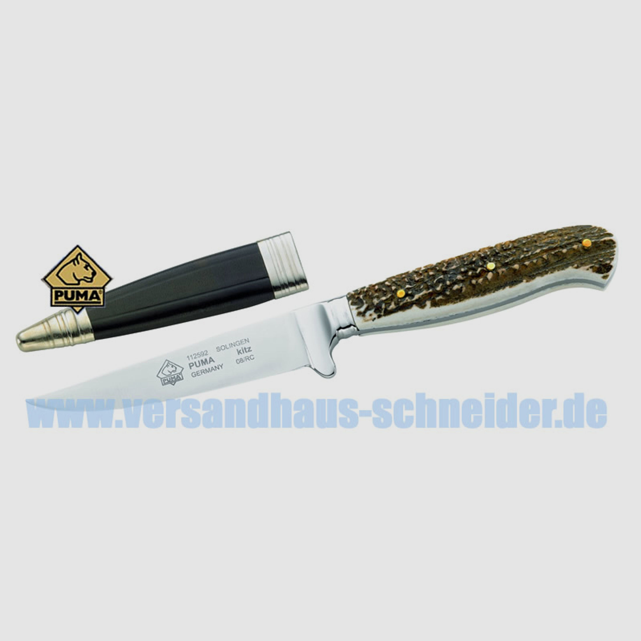 Puma Jagdmesser, Modell Kitz, Stahl 1.4034, Hirschhornschalen, Lederscheide P18)