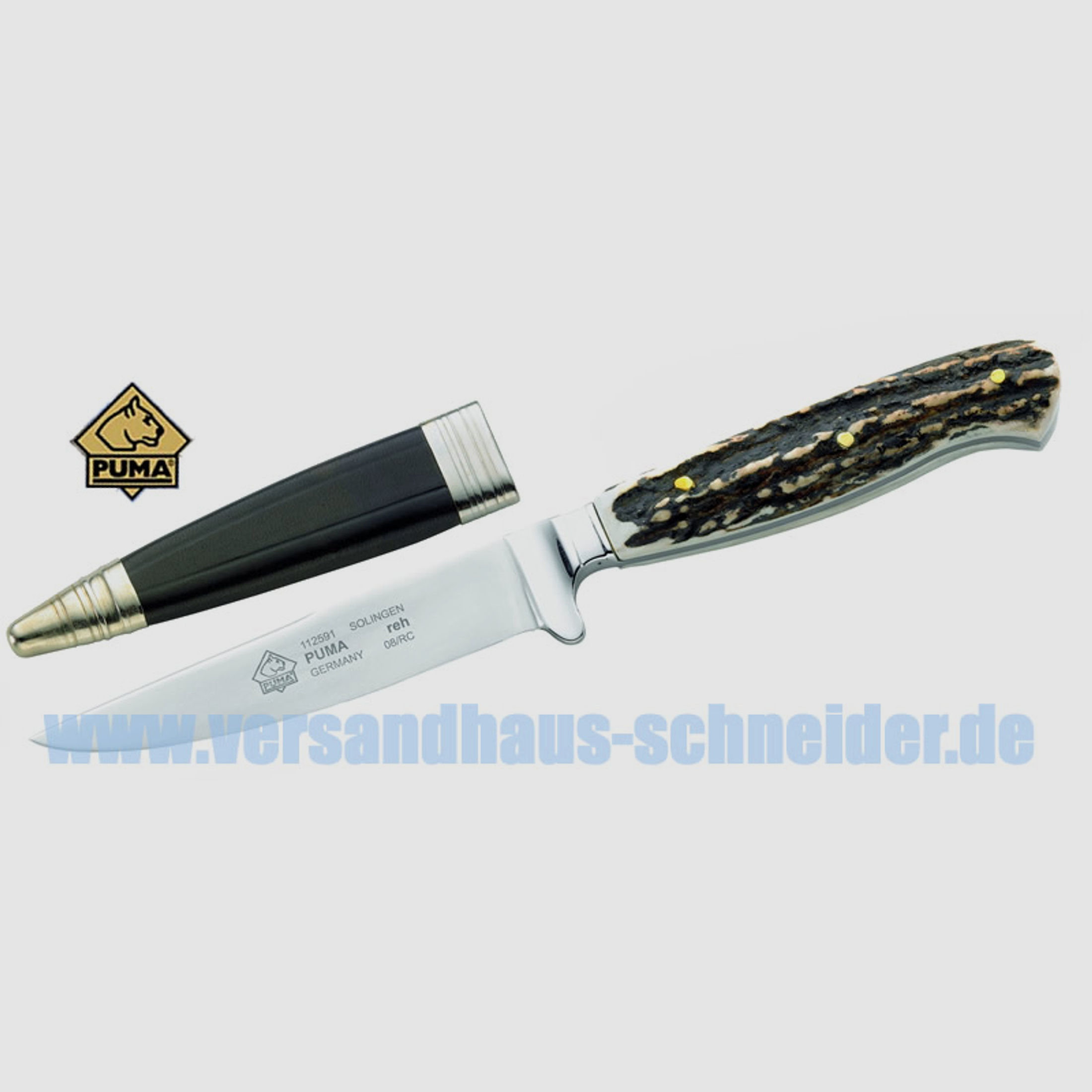 Puma Jagdmesser, Modell Reh, Stahl 1.4034, Hirschhornschalen, Lederscheide (P18)