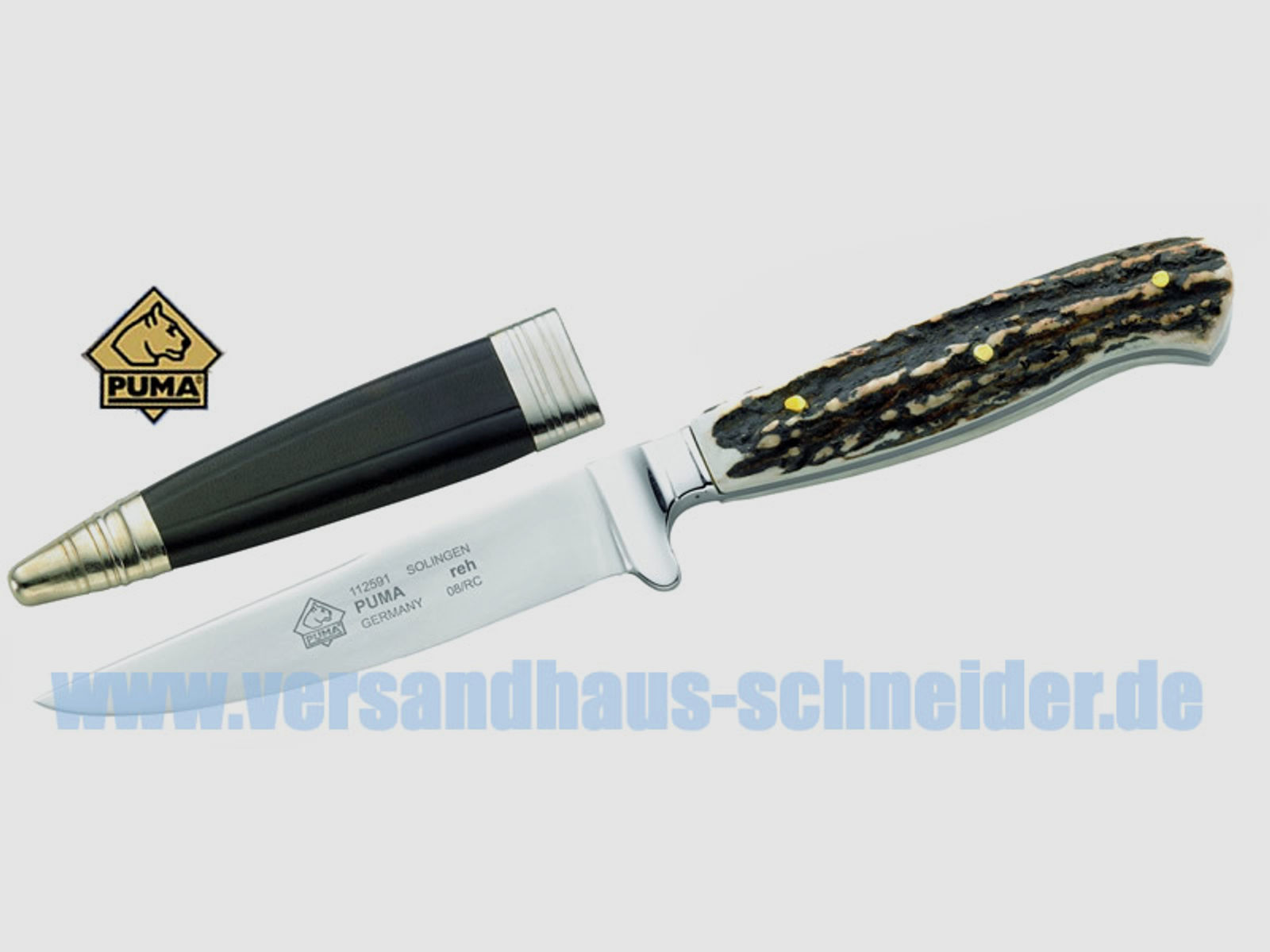 Puma Jagdmesser, Modell Reh, Stahl 1.4034, Hirschhornschalen, Lederscheide (P18)