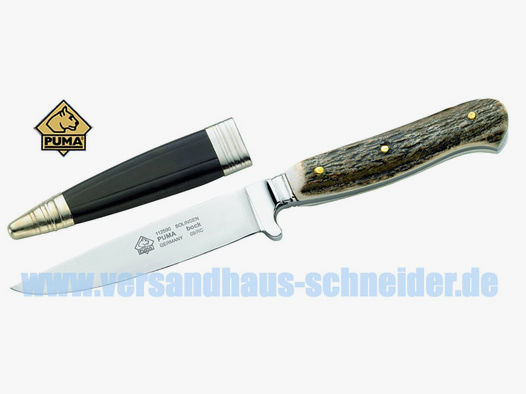 Jagdmesser Puma Bock Stahl 1.4034 KlingenlĂ¤nge 11,2 Griff Hirschhorn Lederscheide (P18)