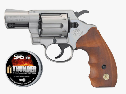 Schreckschuss Revolver Colt Detective Special Nickel Finish Holzgriffschalen Kaliber 9 mm R.K. (P18) + 50 Schuss