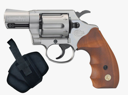 Schreckschuss Revolver Colt Detective Special Nickel Finish Holzgriffschalen Kaliber 9 mm R.K. (P18) + Holster