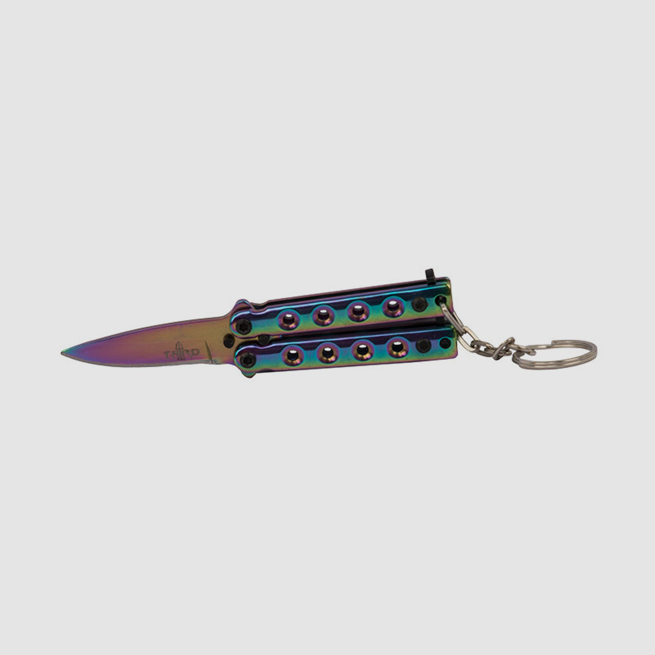 SchlĂĽsselanhĂ¤nger Mini Butterfly Messer Stahl KlingenlĂ¤nge 40 mm rainbow mit SchlĂĽsselring und Kette