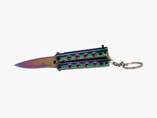 SchlĂĽsselanhĂ¤nger Mini Butterfly Messer Stahl KlingenlĂ¤nge 40 mm rainbow mit SchlĂĽsselring und Kette