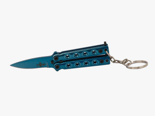 SchlĂĽsselanhĂ¤nger Mini Butterfly Messer Stahl KlingenlĂ¤nge 40 mm blau mit SchlĂĽsselring und Kette