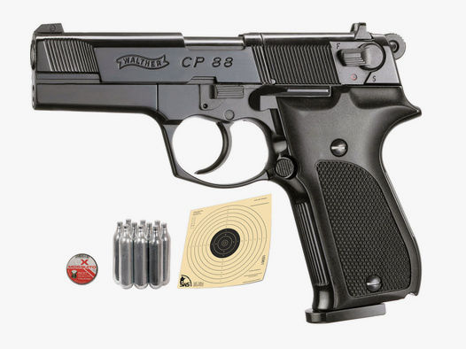 CO2 Pistole Walther CP88 Kunststoffgriffschalen schwarz Kaliber 4,5 mm Diabolo (P18) + Diabolos CO2 Kapsel Zielscheiben Speedloader