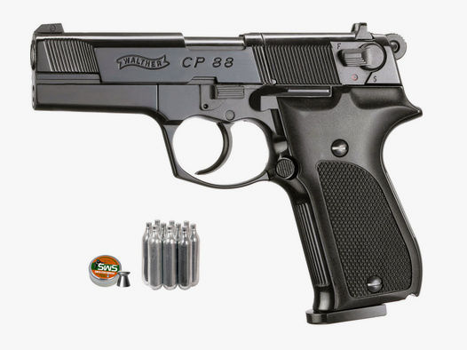 CO2 Pistole Walther CP88 Kunststoffgriffschalen schwarz Kaliber 4,5 mm Diabolo (P18) + Diabolos CO2 Kapsel
