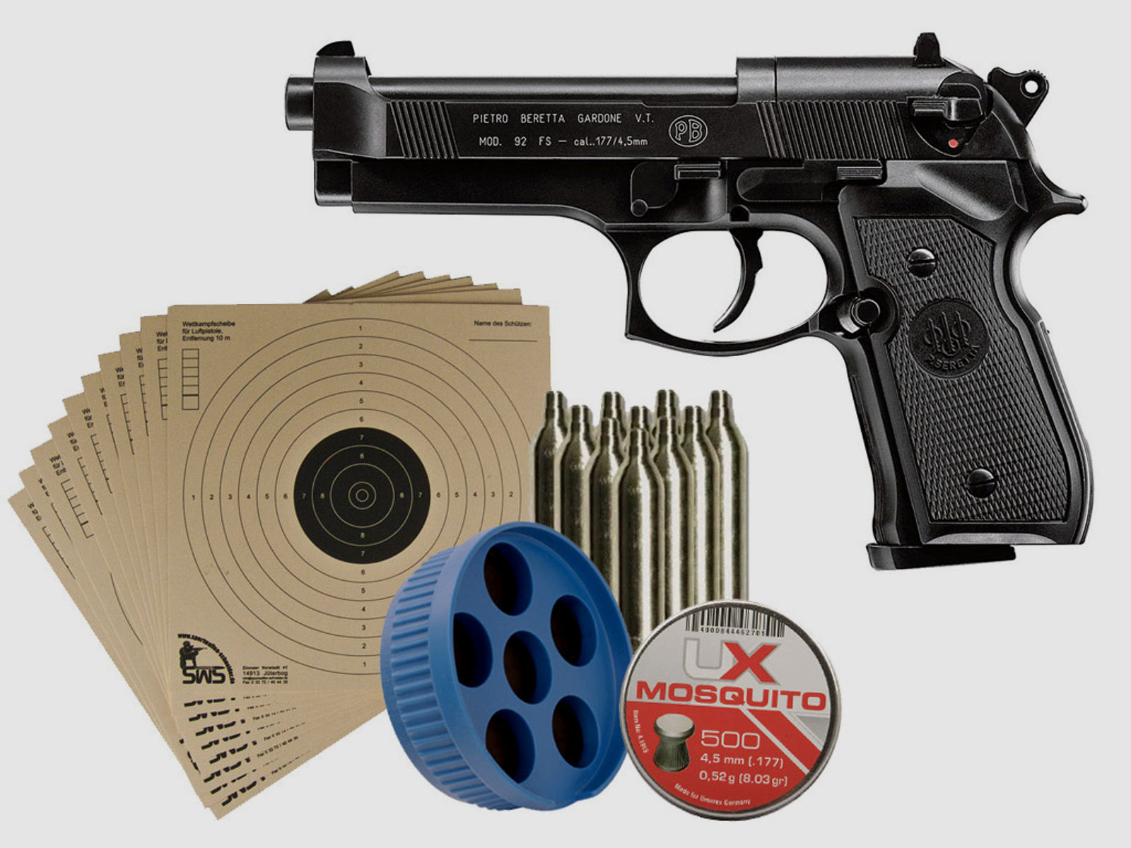 CO2 Pistole Beretta M 92 FS schwarz Kunststoffgriffschalen Kaliber 4,5 mm (P18)+ Diabolos Zielscheiben CO 2 Kapsel Speedloader