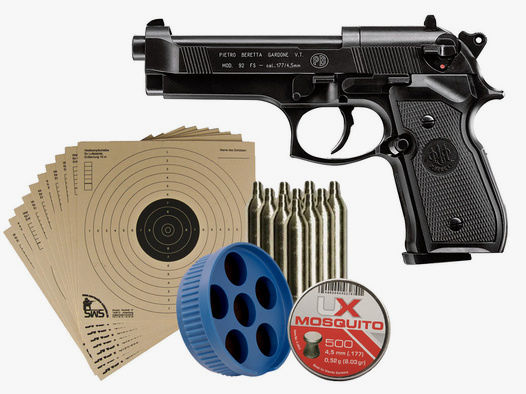 CO2 Pistole Beretta M 92 FS schwarz Kunststoffgriffschalen Kaliber 4,5 mm (P18)+ Diabolos Zielscheiben CO 2 Kapsel Speedloader
