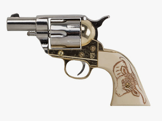 Deko Revolver Kolser Colt SAA Single Action Army Snub Nose 2,5 Zoll weiĂźe Griffschalen mit Stiermotiv nickel gold