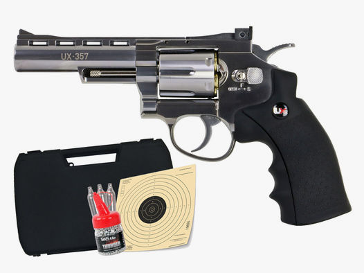 CO2 Revolver UX 357 Vollmetall nickel 4 Zoll Lauf Kunststoffgriffschalen Kaliber 4,5 mm (P18) + BB Kugeln Zeilscheiben Co2 Kapsel Koffer