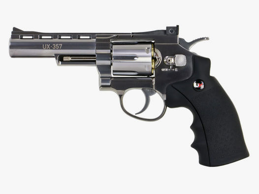 CO2 Revolver UX 357 Vollmetall nickel 4 Zoll Lauf Kunststoffgriffschalen Kaliber 4,5 mm BB (P18)